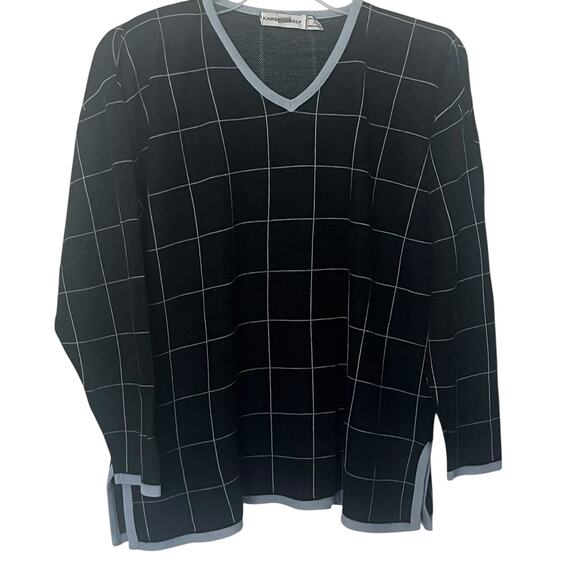 KAREN LESSLY LONG SLV V-NECK PULL-OVER SWEATSHIRT, WOMENS-L-GREY BLUE SQUARE GEO - Picture 1 of 12